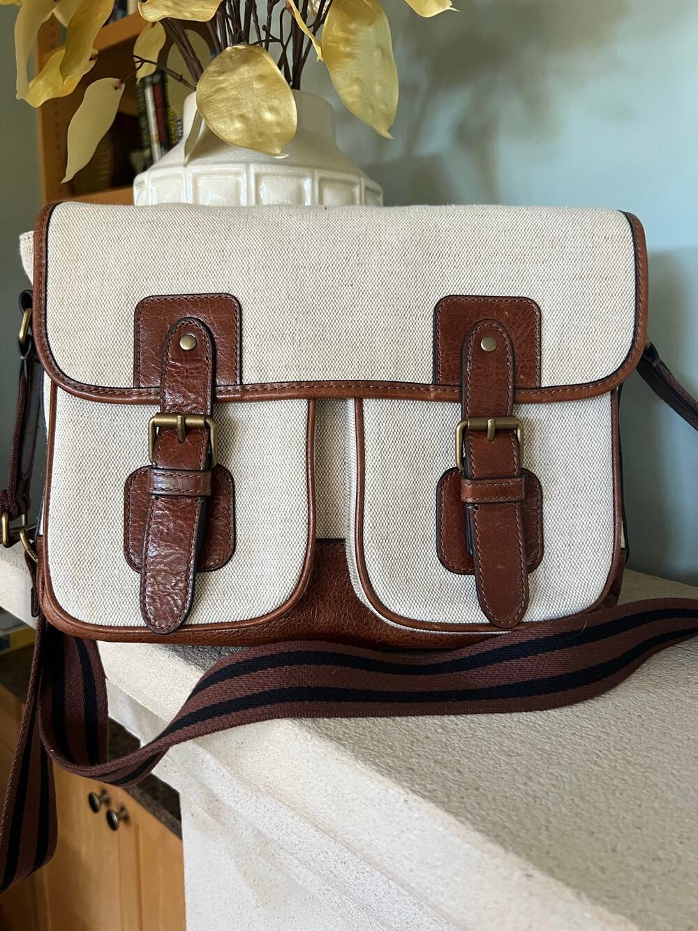 Fossil Greenville Neutral Canvas Leather Trim Courier Messenger Crossbody Bag